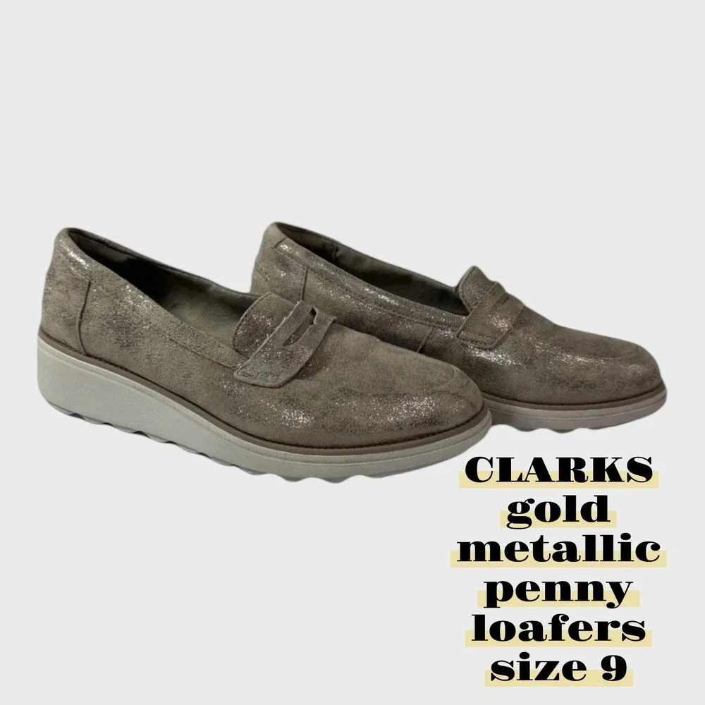 Clarks Sharon Ranch Penny Loafer Platform Suede Gold Pewter  Metallic‎ Size 9